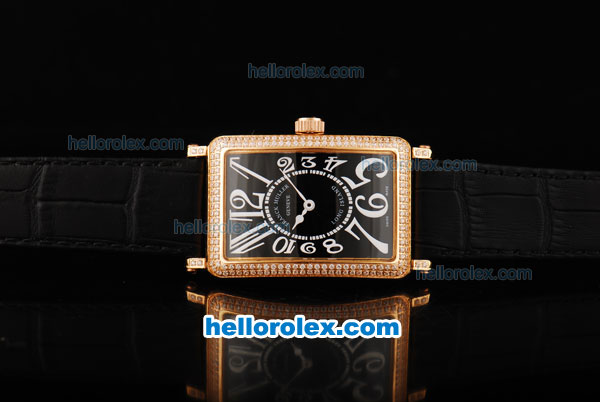 Franck Muller Geneve Long Island Miyota Quartz Gold Case with Black Dial-White Numeral Markers and Leather Strap - Click Image to Close